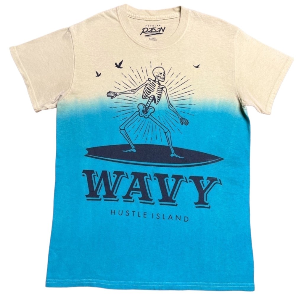 Popular Poison Men's Top Skeleton Surfer T-Shirt Size Small Yellow Blue